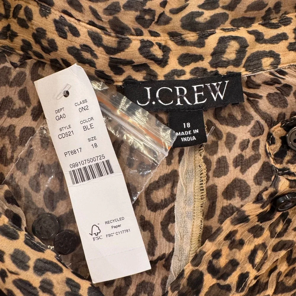NWT J.Crew Leopard Cupro‎ Button Up Blouse Sheer Animal Print Top Women's 18